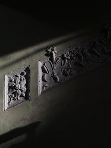 A close-up of carved architectural details adorned by dramatic shadows.